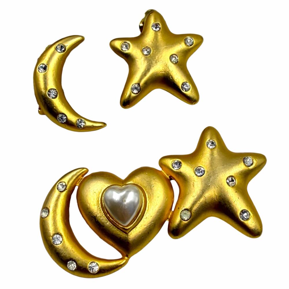 Vintage 80s 90s Gold Moon Star Heart Pearl Brooch Pin Rhinestone Earrings Set